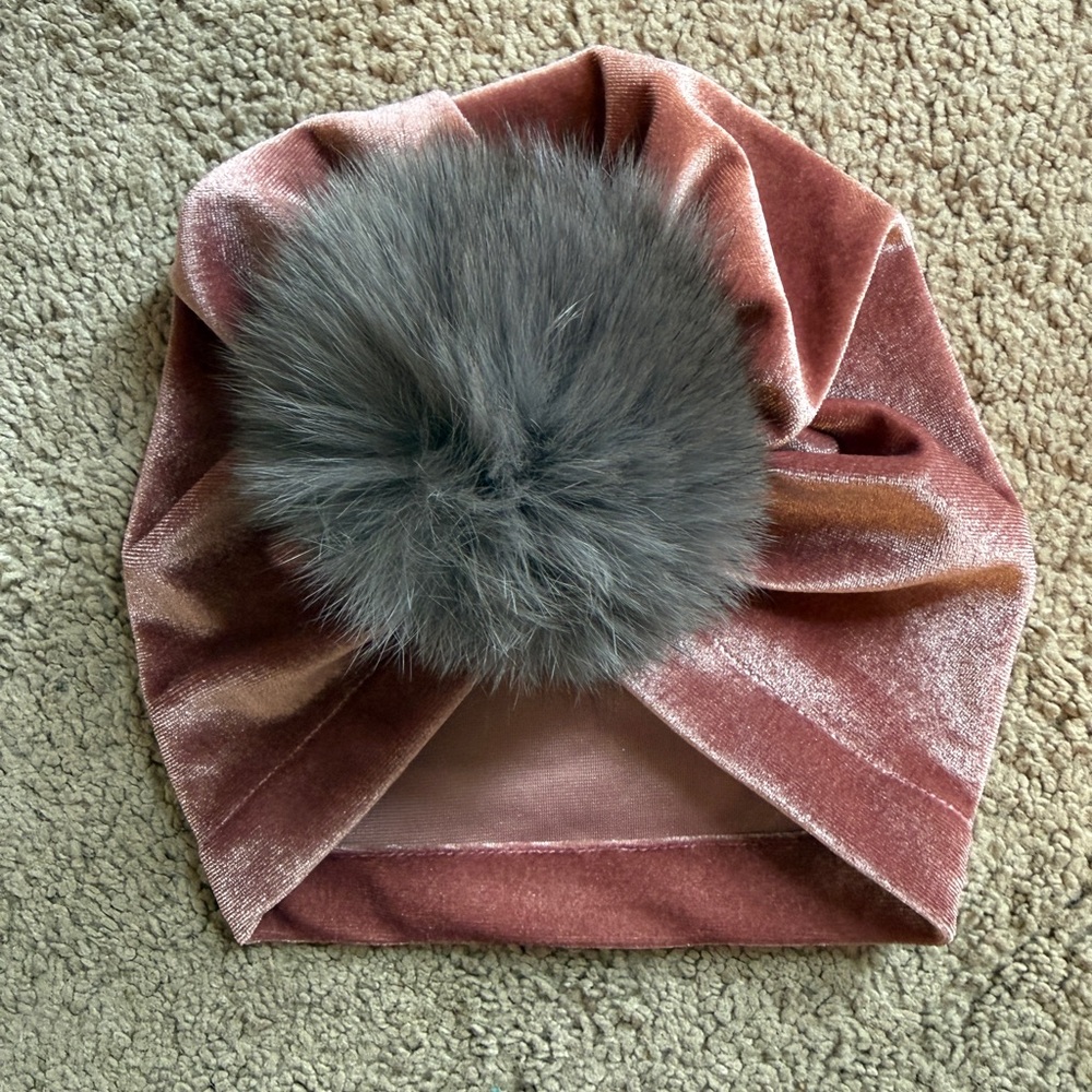 Velvet Pink Kids Turban with Gray Pom Pom
